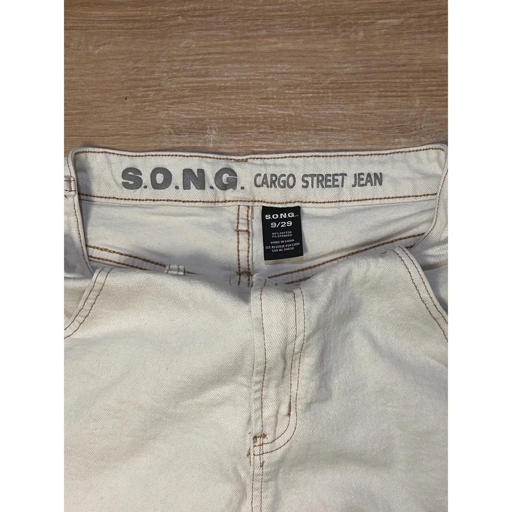 SONG Cargo Street Jean Off White Wide Leg Utility Pants Womens 9/29 Cream Denim‎